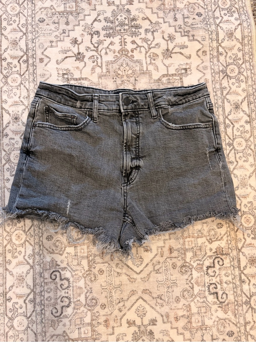 High-Rise Frayed Hem Denim Shorts in Washed Gray